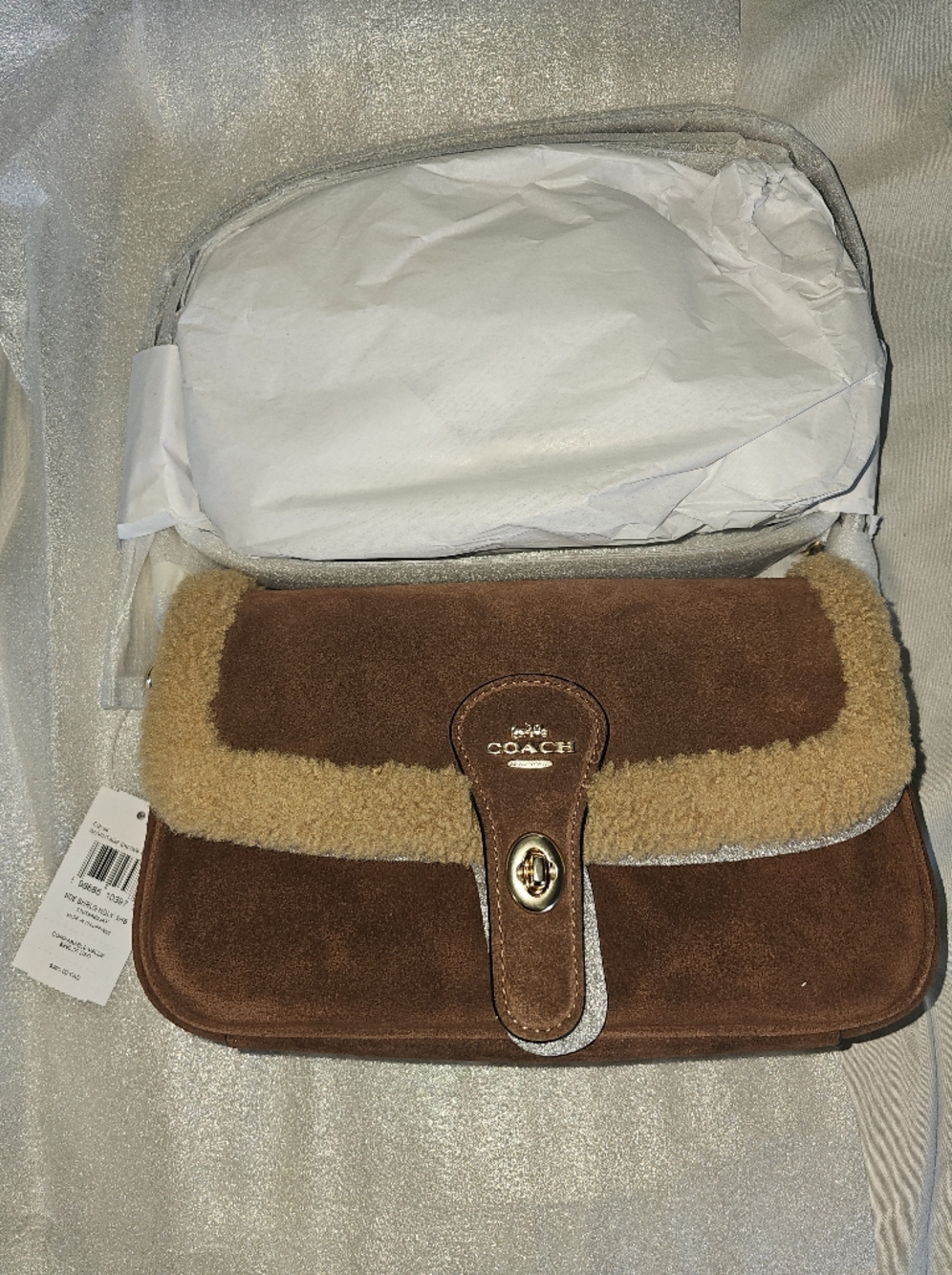 Coach Hadley Brown Suede Shoulder Bag with Shearling Trim NWT - Picture 2 of 7